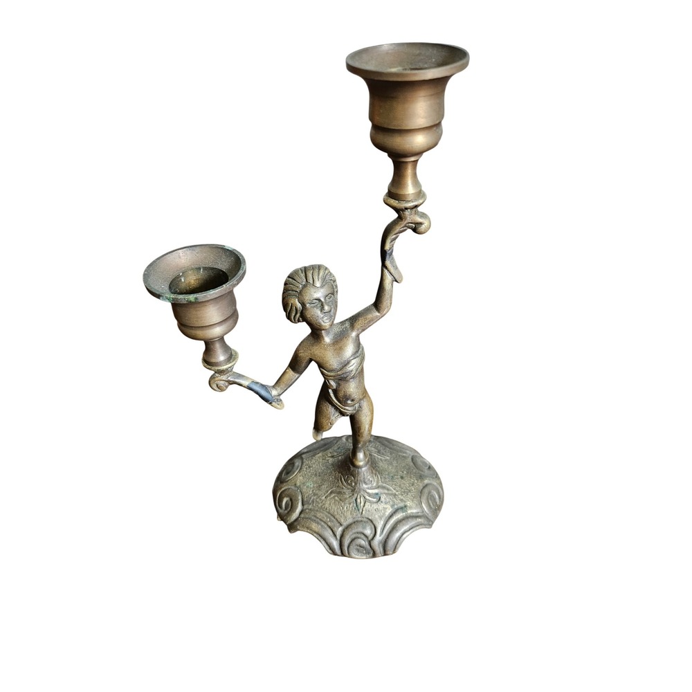San Pacific Candlestick Holder Gold Brass Cherub Putto Double Candelabra
